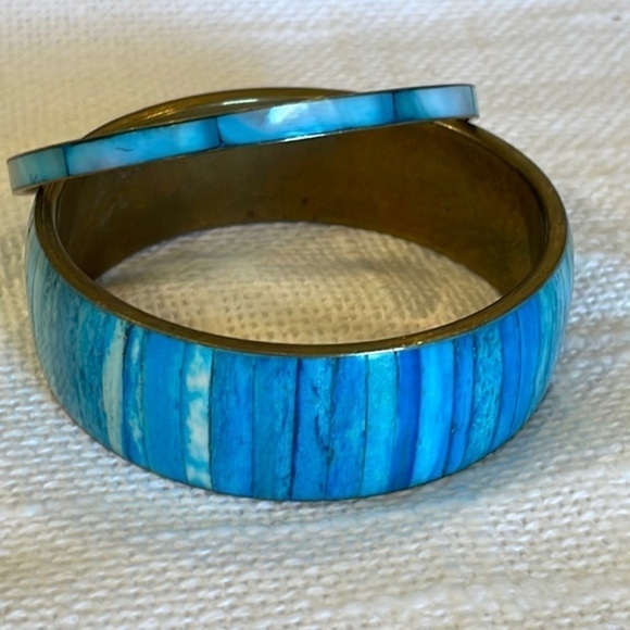 Blue natural shell wide and narrow brass bangle vintage nice quality bracelets - Picture 1 of 7